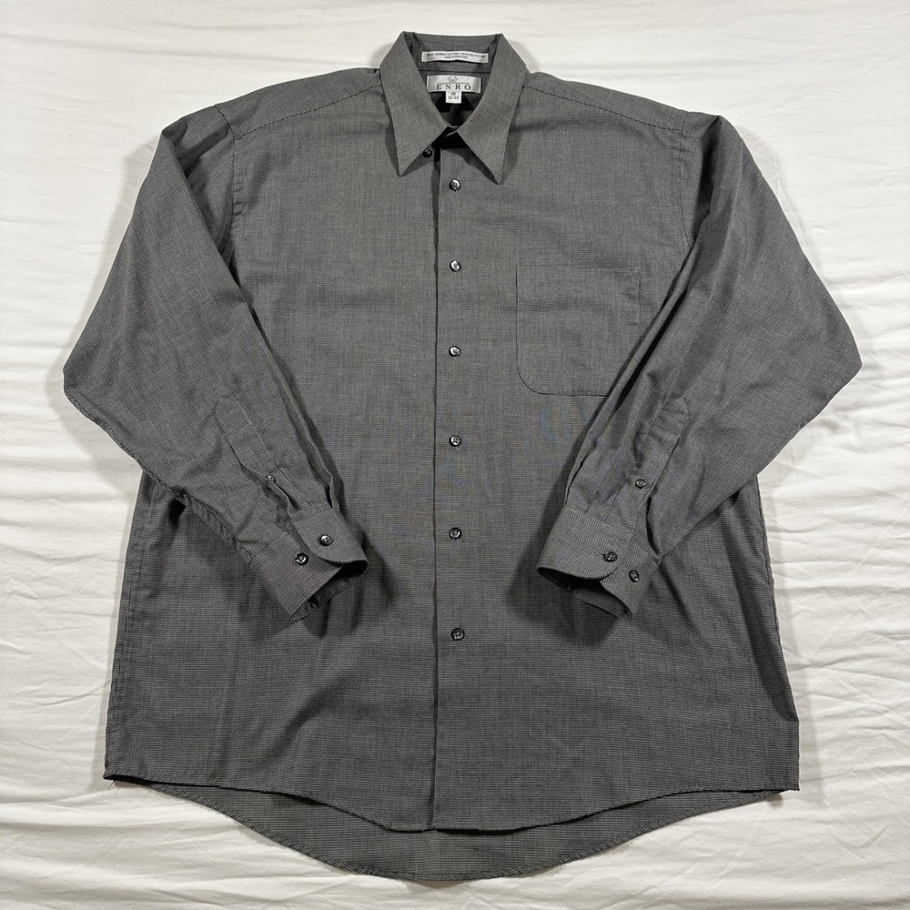 Vintage Enro Dress Shirt Mens 16 32-33 Black Pin Check Button Down Hong Kong 90s